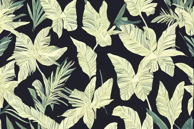Prompt: exotic tropical print with beautiful and elegant elements perfect for a range of end products from fabrics, fashion, home decor to paper and wallpapers : : black background, art nouveau, trending on artstation