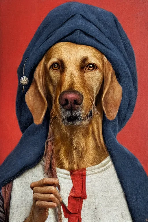 Image similar to Slavic dog head man, woolen torso in medieval clothes, Saint Christopher, oil painting, hyperrealism, beautiful, high resolution, trending on artstation,