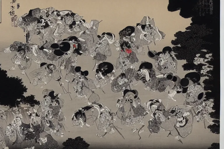 Prompt: black and white japanese painting of a circus, lots of clowns, flat, extremely detailed, water color and ink, painted by hokusai, 4 k,