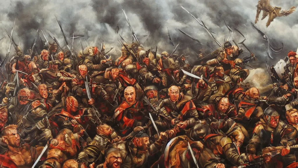 Prompt: Vladimir Putin fights against Covid-19 with army of berserks. Oil paint