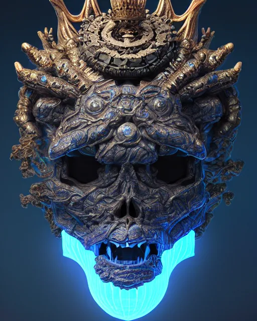 Image similar to 3 d ornate carved dark cosmic king with profile portrait, sigma 5 0 0 mm f / 5. beautiful intricate highly detailed quetzalcoatl skull. bioluminescent, plasma, lava, ice, water, wind, creature, thunderstorm! artwork by tooth wu and wlop and beeple and greg rutkowski, 8 k trending on artstation