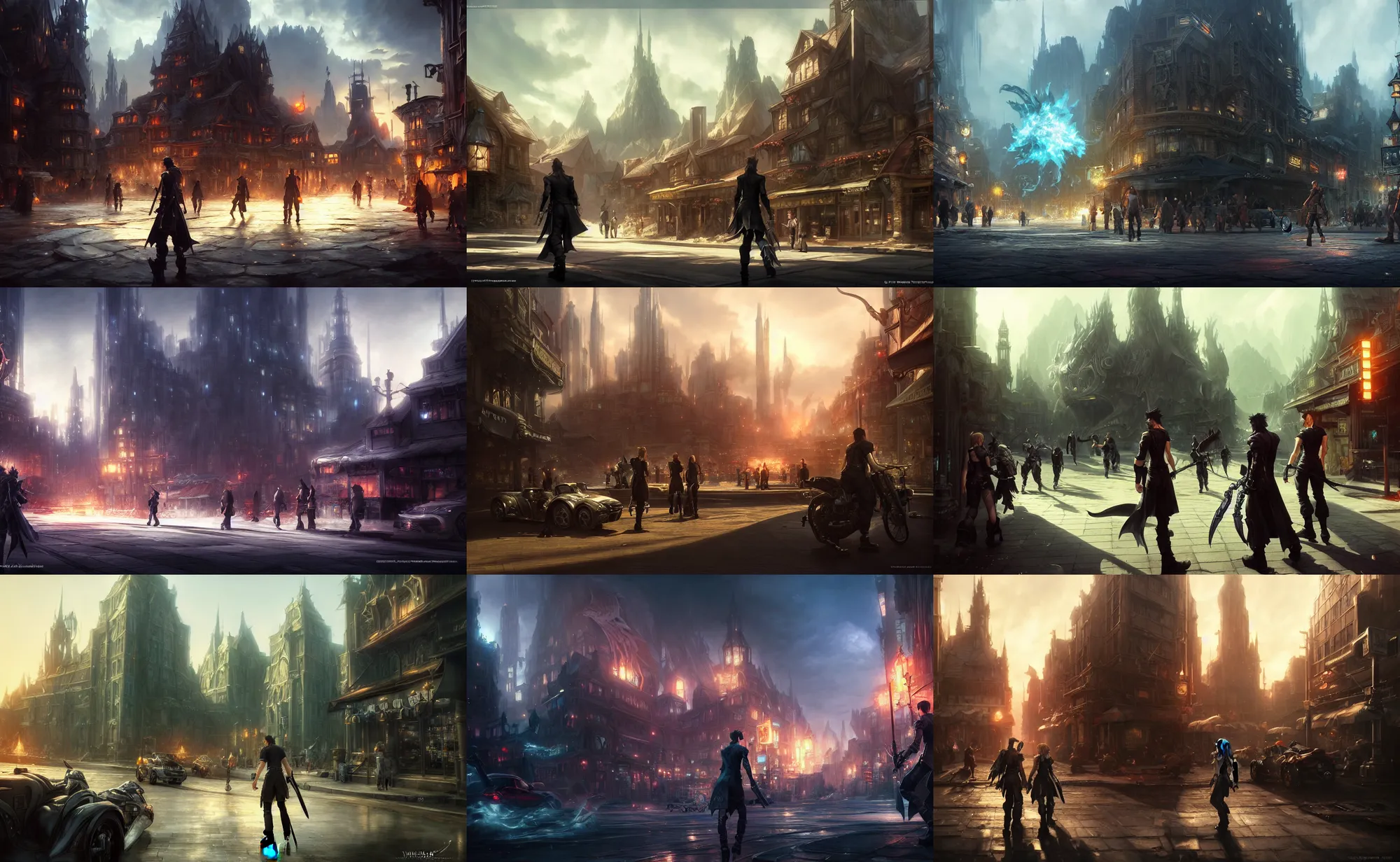 Prompt: raymond swanland and andreas rocha and james gurney and artstation detailed digital art of a final fantasy 1 5 town, cinematic composition, unreal engine, hyper realism, realistic shading, blender render, octane render, detailed textures, very wide shot