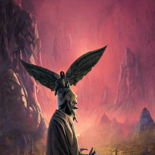 Image similar to scary , epic , Post-processing , low angle , Greg rutkowski legendary matte painting , masterpiece , 8K centered headshot Portrait of a psychedelic godlike mothman posing with a cigar with giant mandala wings smoking a hand-rolled cigarette smoking heavily , magic mushroom village in background , post-processing , award winning. superb resolution. in the art style of Satoshi Kon and Greg Rutkowski , Detailed Mushroom city in background , Hyper realistic anime , Perfect art , Dalle2