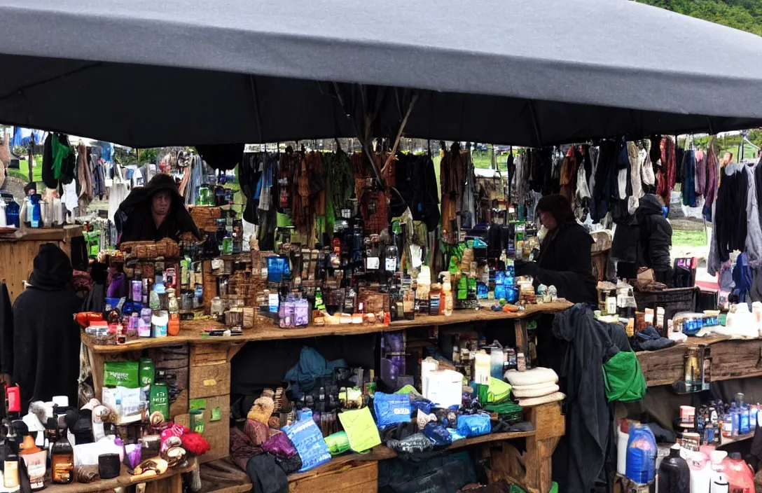 Prompt: market stall in Mordor with dark sky. An orc is selling dark toiletries and body parts