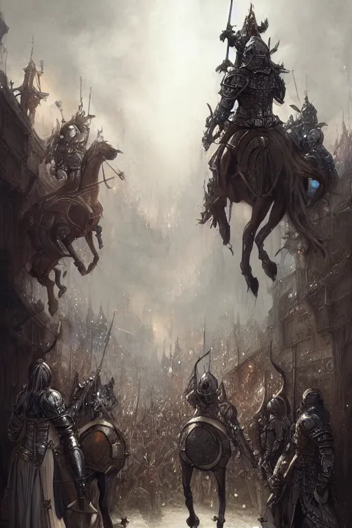 Image similar to medieval parade of knights, by wlop, by luis royo, by peter mohrbacher, concept art, digital illustration, intricate, masterpiece, elegant, super detailed, unreal engine rendering, smooth, sharp focus, artstation hq