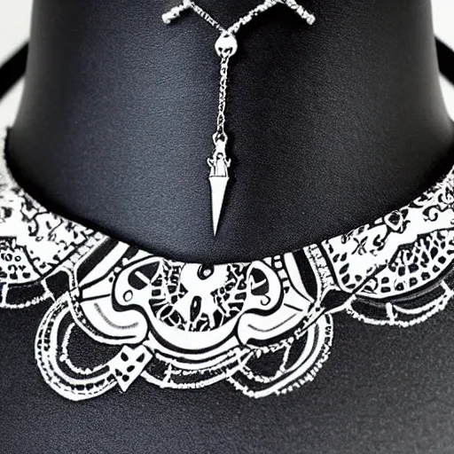 Prompt: black and white illustration collar tattoo design on paper necklace ornate with gems