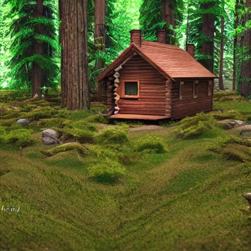 Image similar to 3 d render, isometric forest, photoreal, cabin in the woods