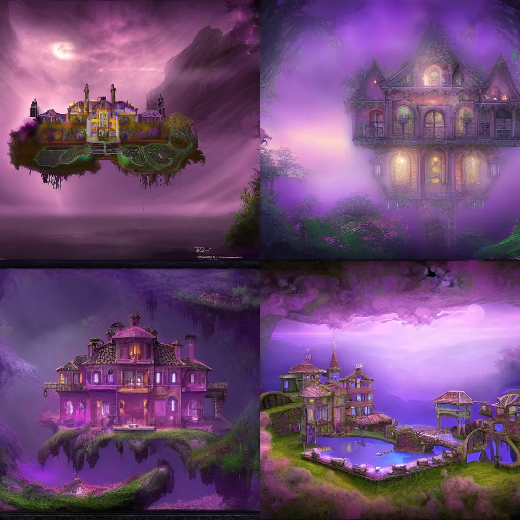 Prompt: a magical villa floating in a void of purple mist, dungeons and dragons, digital art, 4K ultra hd