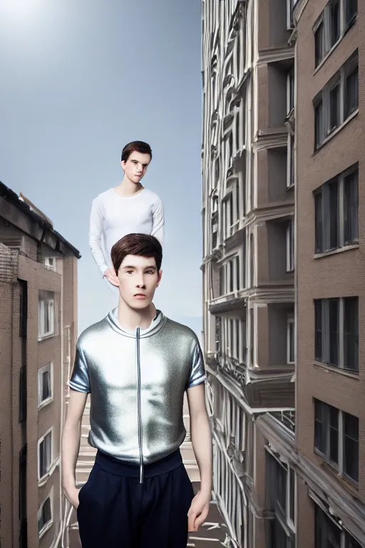 Image similar to un ultra high definition studio quality photographic art portrait of a young man standing on the rooftop of a british apartment building wearing soft padded silver pearlescent clothing. three point light. extremely detailed. golden ratio, ray tracing, volumetric light, shallow depth of field. set dressed.