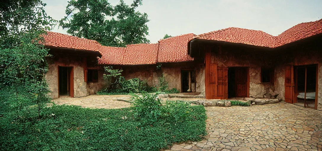 Prompt: house in carpathian vernacular style. outdoor landscaping designed by roberto burle marx. fujinon premista 1 9 - 4 5 mm t 2. 9. portra 8 0 0.