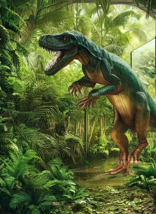 Prompt: a tyrannosaurus rex inside a glass jar, hyperrealistic, tropical forest