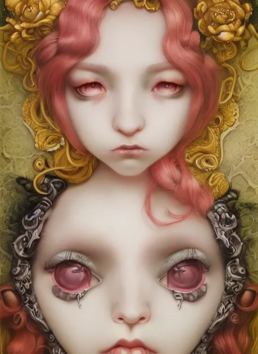 Image similar to pop surrealism, lowbrow art, realistic cute girl painting, japanese street fashion, hyper realism, muted colours, rococo, natalie shau, loreta lux, tom bagshaw, mark ryden, trevor brown style,