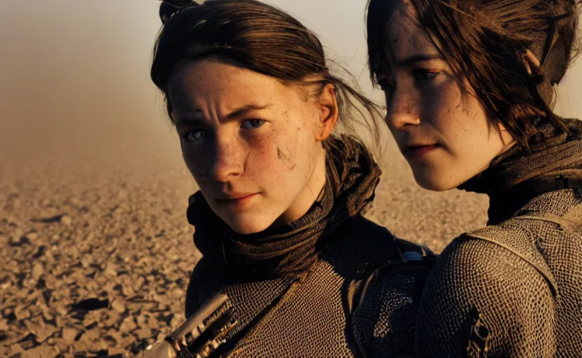 Image similar to cinestill 5 0 d photographic portrait by helen levitt of two loving female androids wearing rugged black mesh techwear on a desolate plain, extreme closeup, modern cyberpunk, dust storm, 8 k, hd, high resolution, 3 5 mm, f / 3 2, ultra realistic faces, ex machina