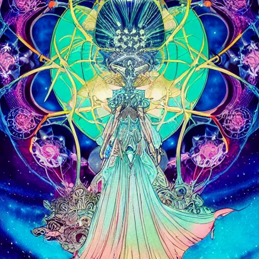 Prompt: the empress by travis charest and laurie greasley, yoshitaka amano, hiroshi yoshida, cosmic energy by Kelly McKernan, detailed, kaleidoscope, psychedelic, cosmic energy by Kelly McKernan, yoshitaka amano, hiroshi yoshida, moebius, artgerm, cool tone pastel rainbow colors, inspired by dnd, iridescent aesthetic, centered symmetrical and detailed