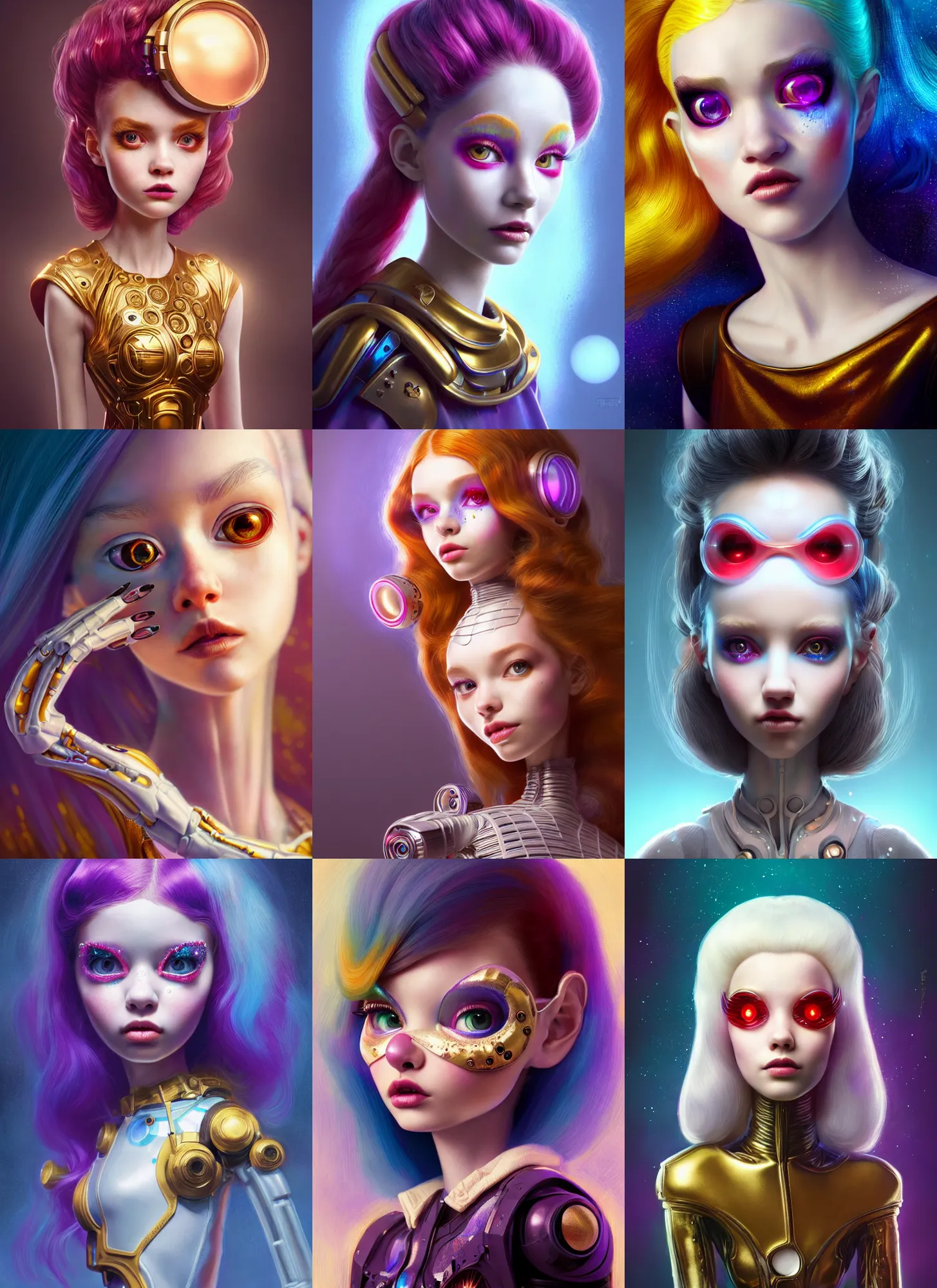 Prompt: pixar portrait 8 k photo, beautiful shiny white porcelain rich galactic spiral clowncore russian cyborg college girl, golden ratio details, sci - fi, fantasy, cyberpunk, intricate, decadent, highly detailed, digital painting, ever after high, octane render, artstation, concept art, smooth, sharp focus, illustration, art by artgerm, loish, wlop