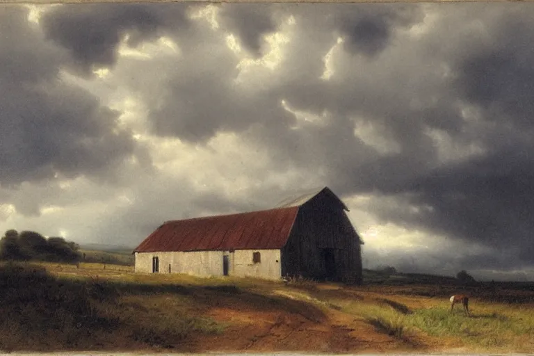 Image similar to a barn in the countryside, dramatic lighting, dramatic clouds, edward harrison compton