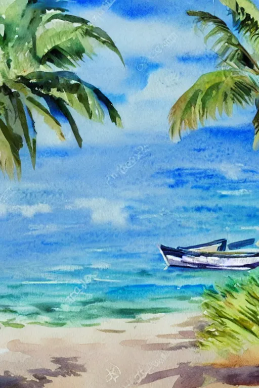 Image similar to watercolor painting of realistic hawaii coast, summer period with boats, watercolor, tonal colors, natural lighting, blue.