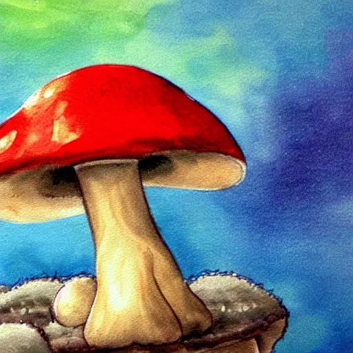 Image similar to a professional water painting of a cute creature sitting next to a mushroom, detailed