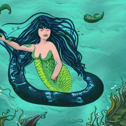 Prompt: a mermaid with a long eel tail in place of legs that is covered in algae and seaweed while she swims toward the ocean floor accompanied by a very threatening sea monster