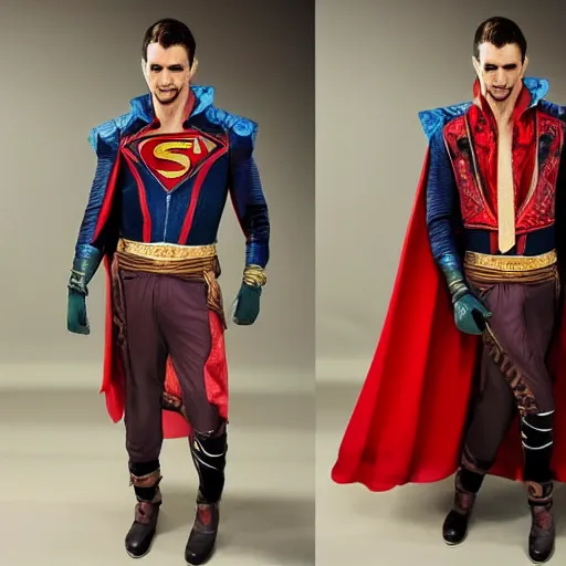 Prompt: Fashion Shoot, Fashion-Week, Dr. Strange modeling for Versace, men's fashion, marvel costumes, thick features with embroidered super hero fabric, metallic buttons