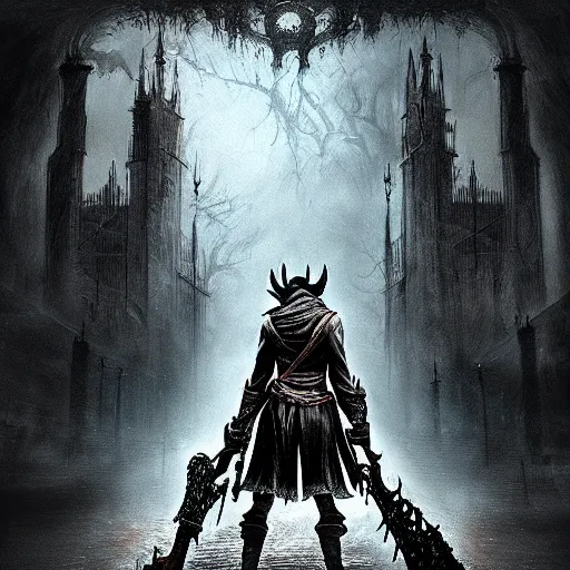 Image similar to Bloodborne Hunter wizard communing with a Great Old One. Dark. Detailed. Concept Art