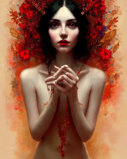 Image similar to highly detailed beautiful pale skin hippie, black hair, flying leaves on backround, symmetrical, red lips, paint by ilya repin and anna dittman trending on artstation, intricate details, energetic composition, golden ratio, concept art, illustration, elegant art