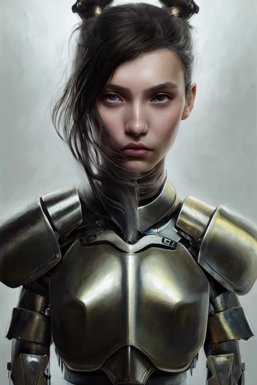 Image similar to a photorealistic painting of an attractive young girl, partially clothed in metal-plated battle armor, olive skin, long dark hair, beautiful bone structure, symmetrical face, perfect eyes, intricate, elegant, digital painting, concept art, illustration, sharp focus, minimal artifacts, from Metal Gear, in the style of Ruan Jia and Mandy Jurgens and Greg Rutkowski, trending on Artstation, award winning