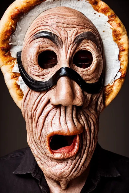 Image similar to portrait photo of an old wrinkled man, skinny face, bony face, long crooked nose, large gaping mouth, black pulcinella mask, masquerade mask, pointy conical hat, white wrinkled shirt, holding pizza, presenting pizza, close - up, skin blemishes, menacing, intimidating, masterpiece by jimmy nelson