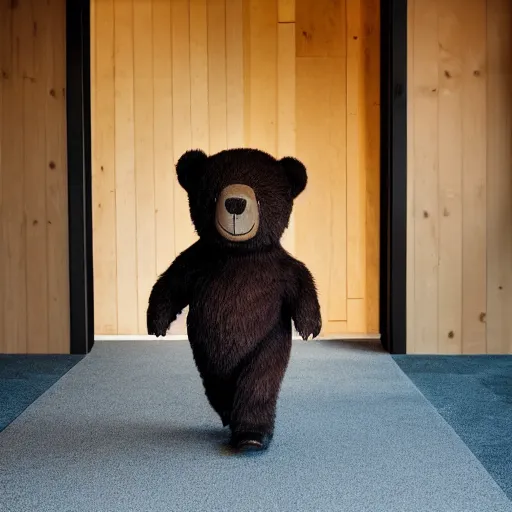 Image similar to dark photograph of a small bear mascot walking through a large wooden doorway