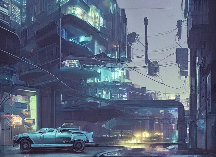 Image similar to a car bu driving down a street next to small buildings the night, cyberpunk art by Chesley Bonestell, cgsociety, retrofuturism, matte painting, reimagined by industrial light and magic