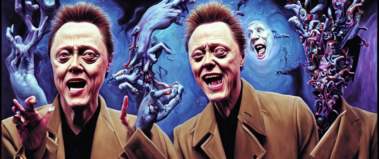 Image similar to neo-surrealist painting of young christopher walken pointing and laughing at me concept art wayne barlowe hannah yata very dramatic lighting 8k wide angle shallow depth of field