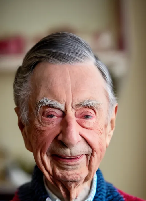 Prompt: dslr photo portrait still of 9 4 year old age 9 4 fred rogers at age 9 4!!!, 8 5 mm f 1. 8