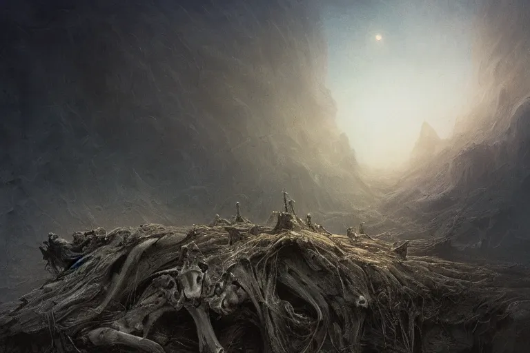 Image similar to prophecy, moody, amazing concept painting, art station, by Jessica Rossier and HR giger and Beksinski, the middle of a valley; it was full of bones, bones that were very dry, there was a noise, a rattling sound, and the bones came together, bone to bone , I looked, and tendons and flesh appeared on them and skin covered them, but there was no breath in them and breath entered them, they came to life and stood up on their feet a vast army