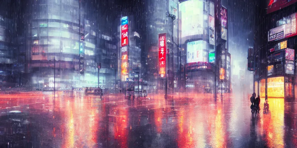 Prompt: digital painting, modern tokyo, raining, detailed lighting, high quality, sharp focus, intricate, artstation, 4k