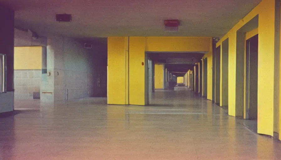 Image similar to 60s movie still of a sovietic stalinist style empty hallway with yellow tiles, cinestill 800t 50mm eastmancolor, liminal Space style, heavy grain