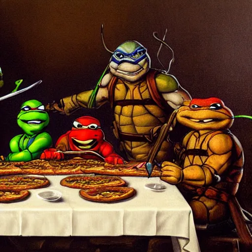 Prompt: teenage mutant ninja turtles are sitting at the table. da vinci. secret supper. there is a cola on the table. pizza on the table. realistic oil painting on canvas. digital art. rendering