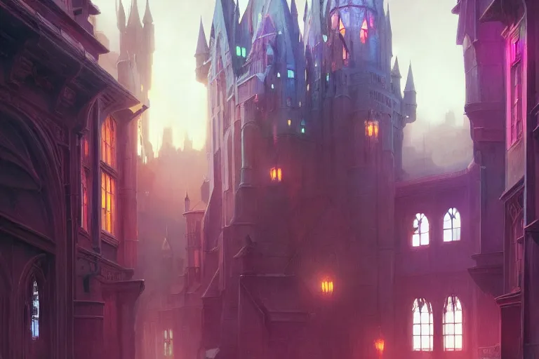 Image similar to Hogwarts, neon lighting, night city, digital art from artstation by Ruan Jia and Mandy Jurgens and Artgerm and william-adolphe bouguereau and Greg Rutkowski and Wayne Barlowe