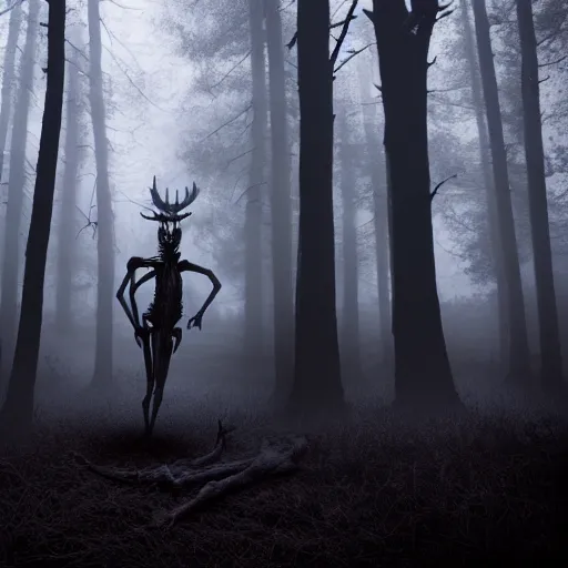 Image similar to a very detailed photograph of a wendigo in a dark foggy forest 4 k, high resolution, still, landscape, hd, dslr, hyper realistic