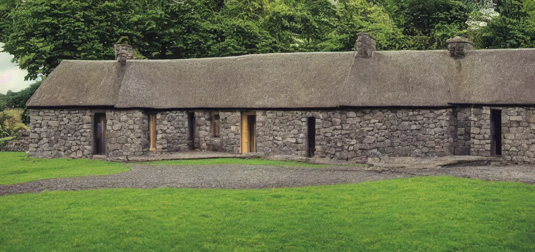 Prompt: scottish blackhouse designed by le corbusier. outdoor landscaping designed by roberto burle marx. fujinon premista 1 9 - 4 5 mm t 2. 9. portra 8 0 0.