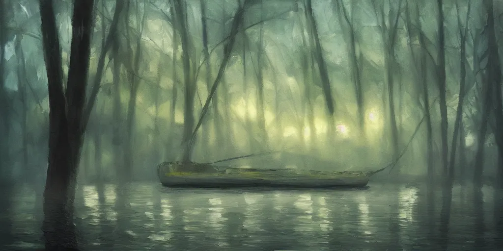Image similar to dream boat, award winning photography, moody light, beautiful trees around it, oil painting