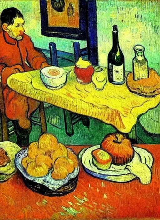 Image similar to good morning, artist painting on a canvas showing breakfast, painting by vincent van gogh, paul gauguin