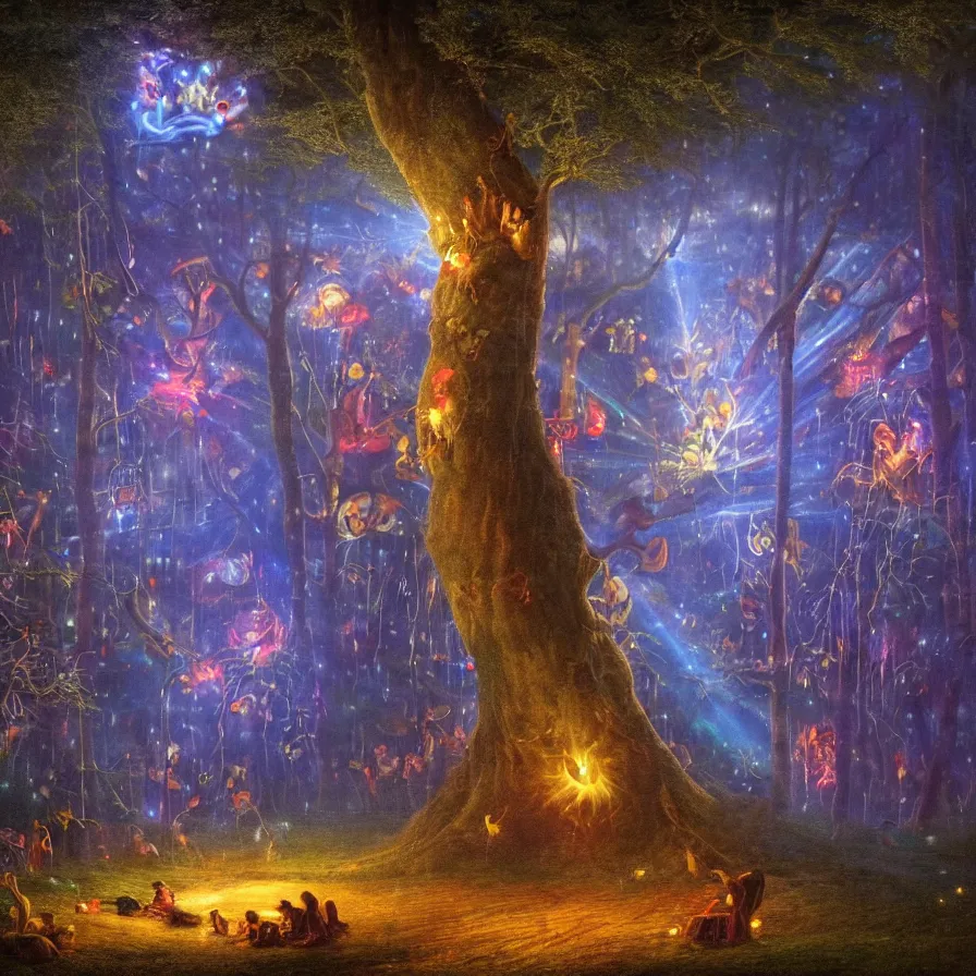 Image similar to closeup of a night carnival inside a tree cavity in a magical forest in the middle of a summer storm, with a music scenario with many fireworks and christmas lights, volumetric lightning, instense god rays in the sky, folklore people disguised with fantastic creatures in a magical forest by summer night, masterpiece painted by edmund leighton, scene by dark night environment, refraction lights,