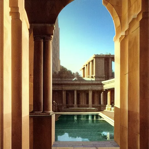 Image similar to David Ligare masterpiece, hyperrealistic surrealism, award winning masterpiece with incredible details, beautiful lighting, pool caustics, illuminated orbs, epic stunning, infinity pool, a surreal vaporwave liminal space, highly detailed, trending on ArtStation, broken giant marble head statue ruins, calming, meditative, geometric liminal space, palm trees, very vaporwave, very very surreal, sharp details, giant gold rings