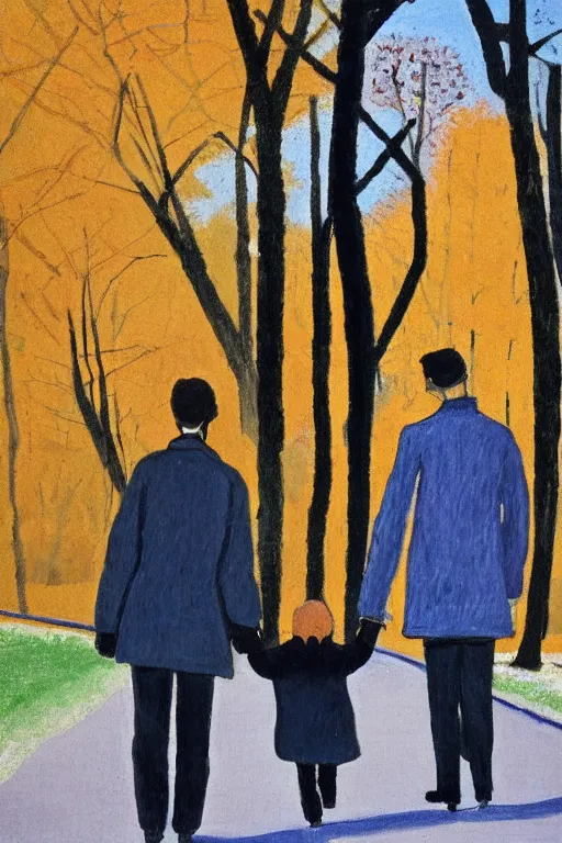 Image similar to a very tall man with dark hair holding the hands of a short young boy as they walk in a park on a bright beautiful winter day. part in the style of an edgar degas painting. part in the style of david hockney. triadic color scheme