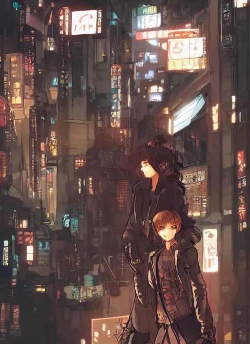 Prompt: manga cover, brown-haired short-haired tomboy girl, intricate cyberpunk city, emotional lighting, character illustration by tatsuki fujimoto