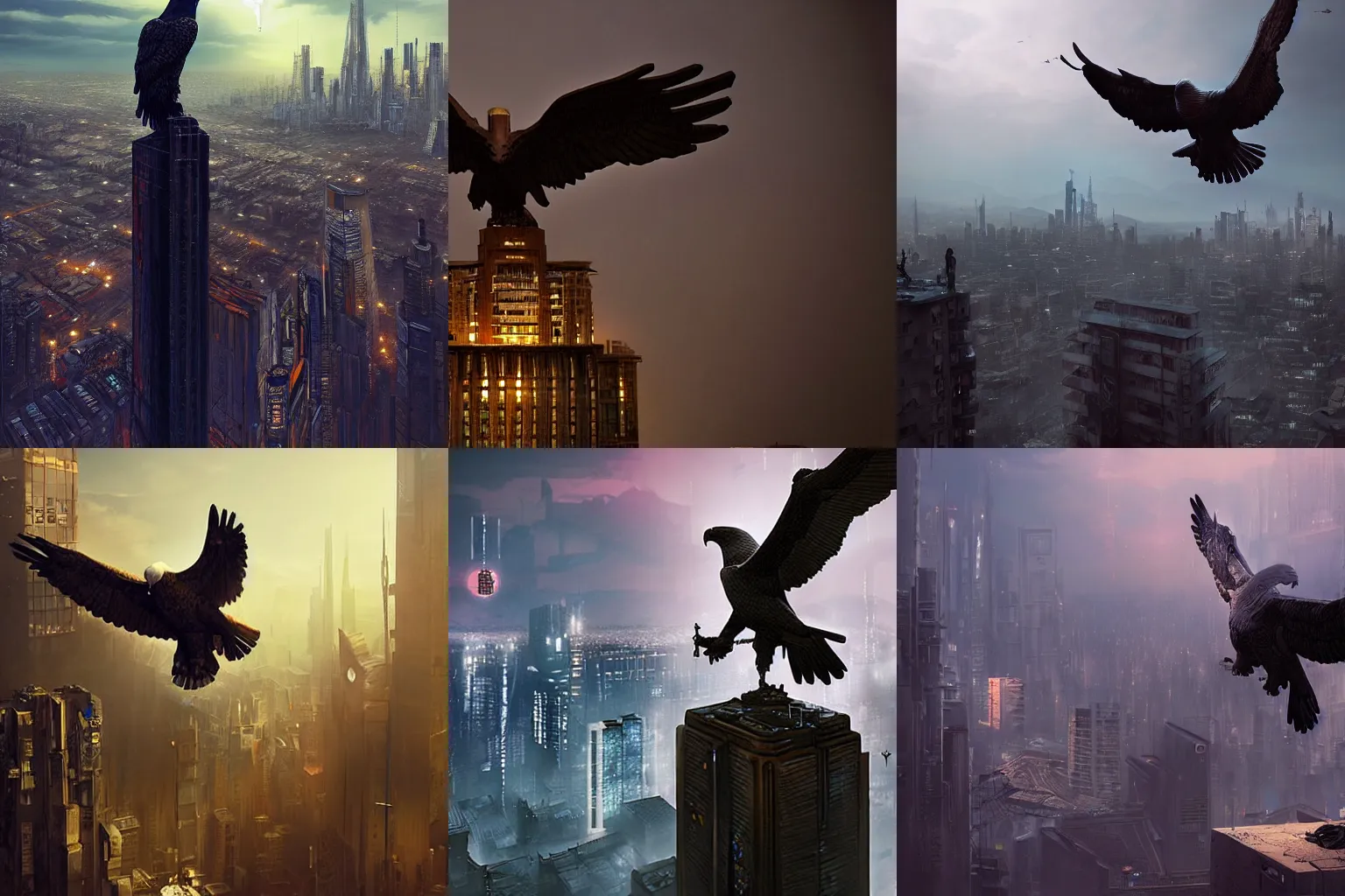 Prompt: statue in the shape of an eagle above a cyberpunk city, dramatic lighting, cinematic, by greg rutkowski