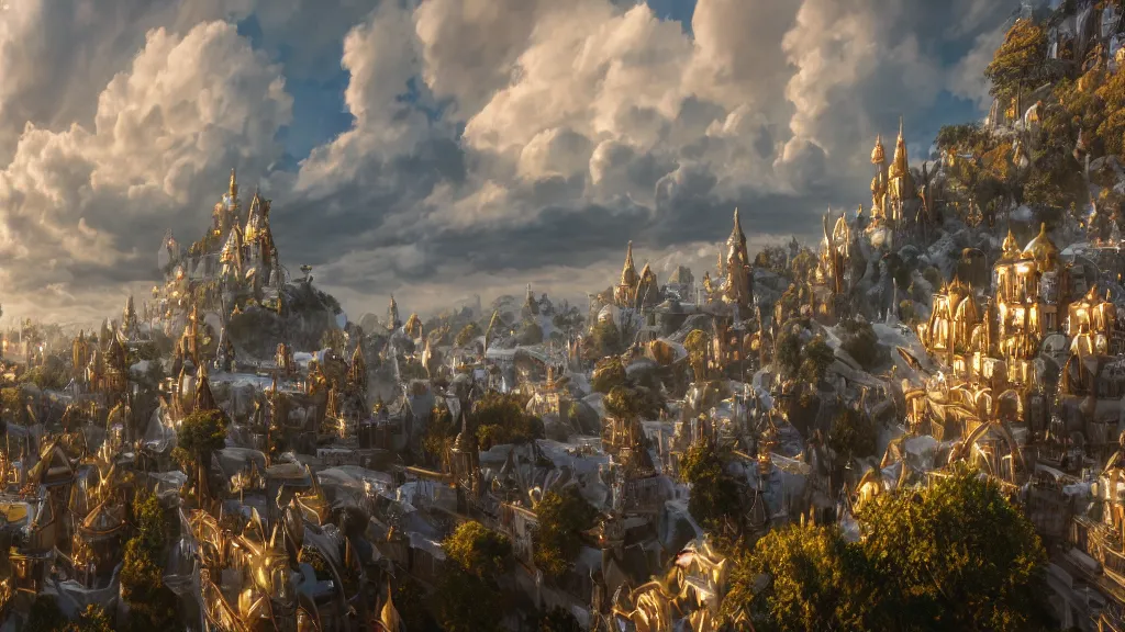 Image similar to a snow white and golden city flying with a floating island, sky island, white, pure white and gold, fantasy artwork, very very very beautiful scenery, hd, hdr, ue5, ue6, unreal engine 5, cinematic 4k wallpaper, 8k, ultra detailed, high resolution, artstation, award winning