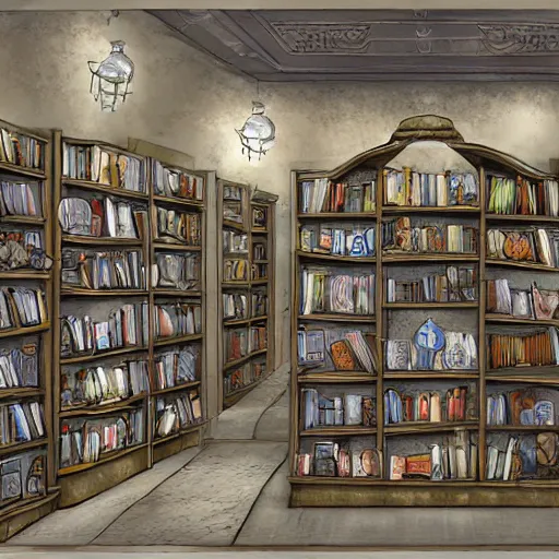 Prompt: store of figurines and statues and books, fantasy concept art