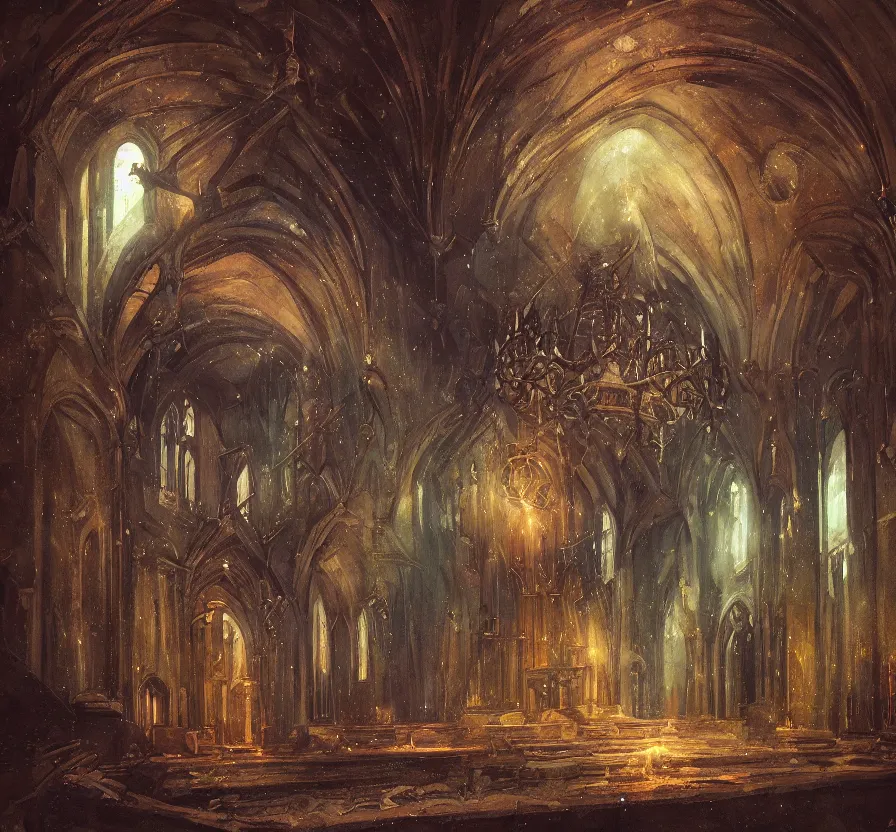 Image similar to inside old church with sage mage casting pentagram spell, dark colors, acrilic paint, brush paint, heavenly atmosphere, paint, ultra detailed, beautiful image, resolution, artstation
