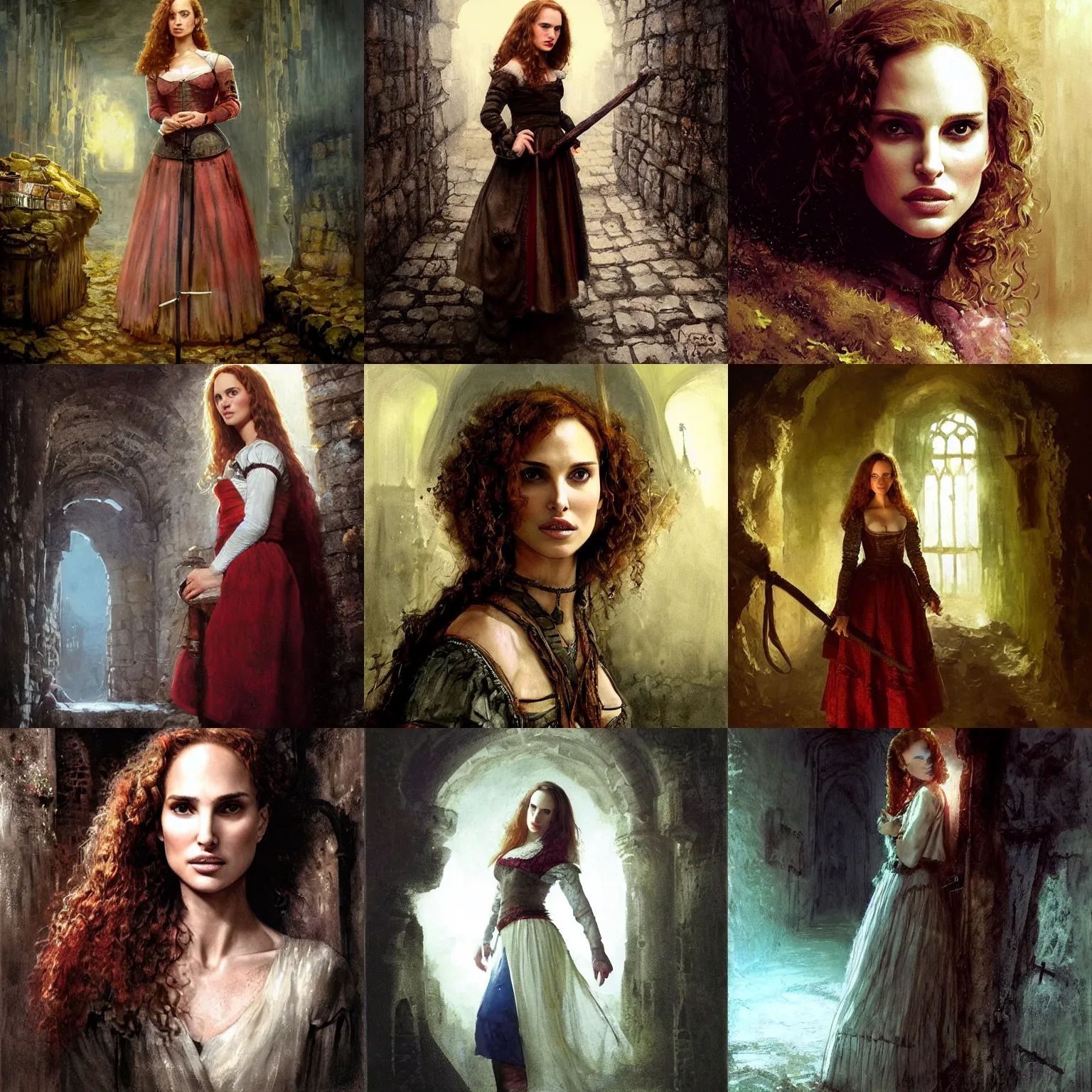 Prompt: young, freckled, curly haired, redhead natalie portman as a optimistic medieval innkeeper in a dark underground city. dark shadows, colorful, soft light, law contrasts, fantasy portrait by jakub rozalski, jan matejko, and j. dickenson